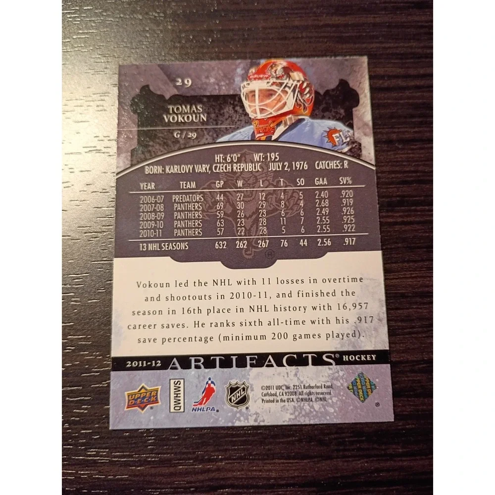 2011 Upper Deck Artifacts Florida Panthers Tomas Vokoun Hockey Card #29